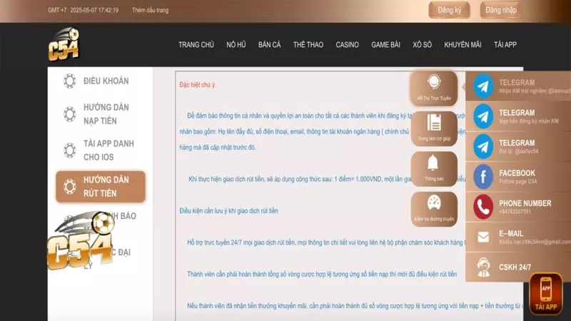 Liên hệ Các phương thức hỗ trợ chính trên C54