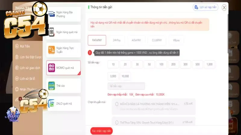 Nạp tiền C54 – Hướng dẫn đúng chuẩn, giao dịch an toàn 24/24 Hàng loạt ưu đãi C54 đang chờ đón bạn